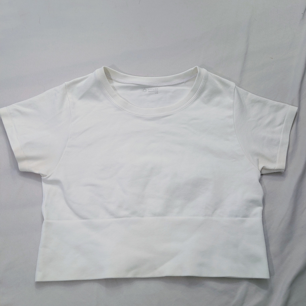 Offline By Aerie Cropped White Ribbed Hem Athletic Tee